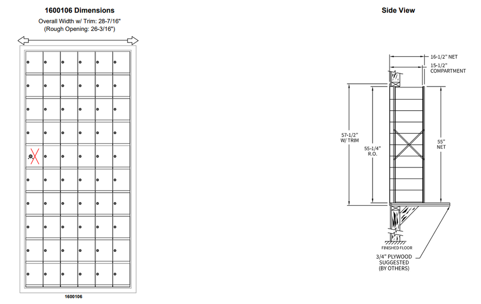 1600106A - Standard 60 Door Horizontal Mailbox Unit - Front Loading - (59 Useable; 10