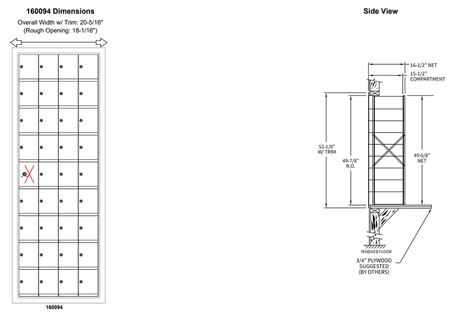 160094A - Standard 36 Door Horizontal Mailbox Unit - Front Loading - (35 Useable; 9