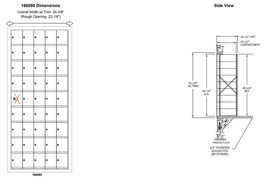 160095A - Standard 45 Door Horizontal Mailbox Unit - Front Loading - (44 Useable; 9