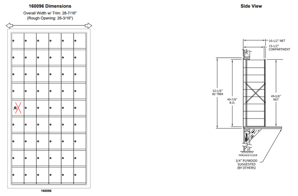 160096A - Standard 54 Door Horizontal Mailbox Unit - Front Loading - (53 Useable; 9