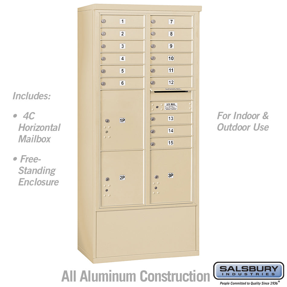 Salsbury Maximum Height Free-Standing 4C Horizontal Mailbox with 15 Doors and 3 Parcel Lockers with USPS Access