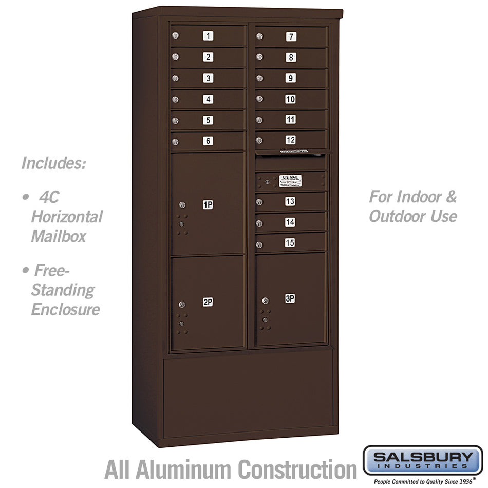 Salsbury Maximum Height Free-Standing 4C Horizontal Mailbox with 15 Doors and 3 Parcel Lockers with USPS Access